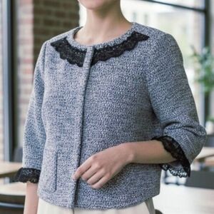 Christian Siriano Blue Tweed with Black Lace Accent